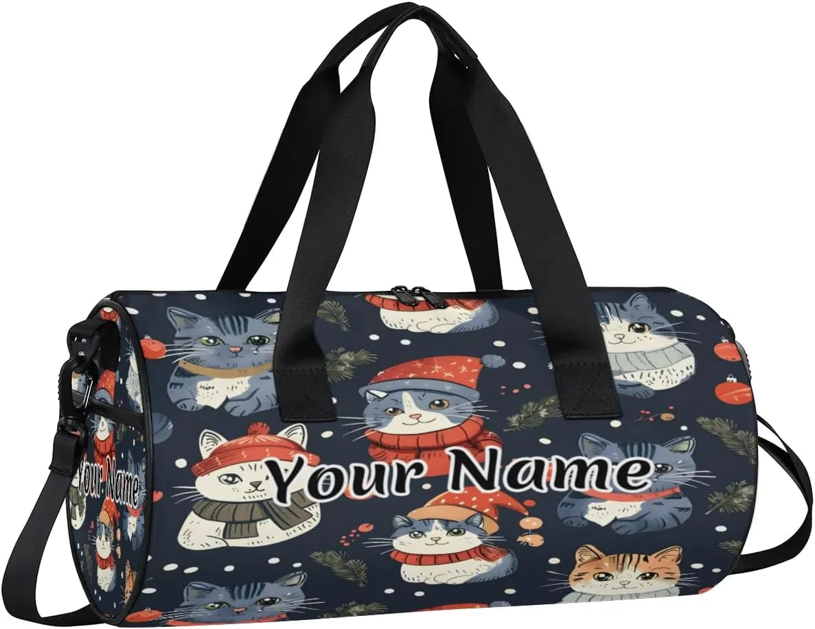 Personalized Duffel Bag for Women, Custom Woodland Holly Christmas Holiday Gym Bag for Sports, Waterproof Dance Bag with Name, Lightweight Carryon Gym Bag, Cute Cat