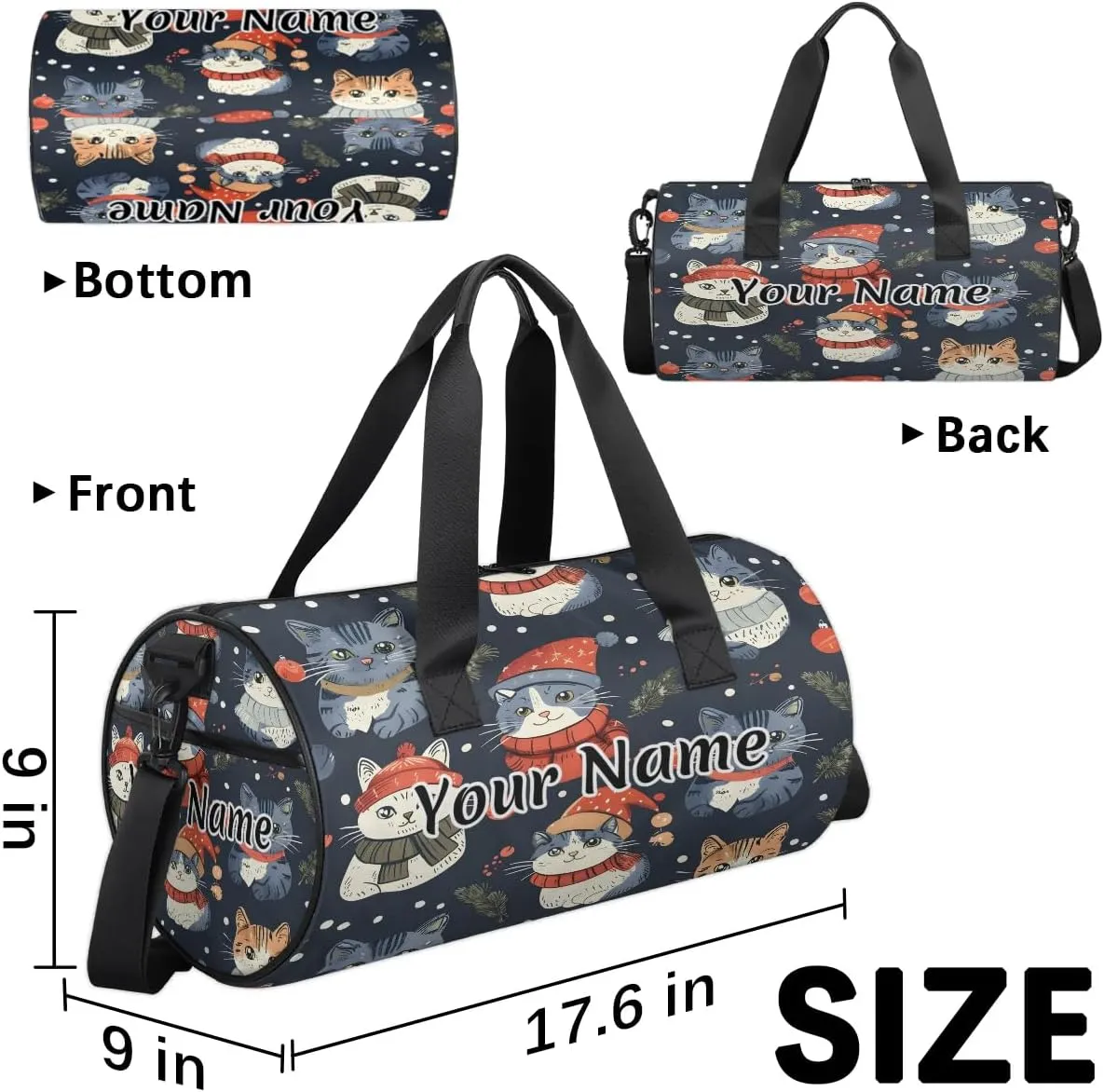 Personalized Duffel Bag for Women, Custom Woodland Holly Christmas Holiday Gym Bag for Sports, Waterproof Dance Bag with Name, Lightweight Carryon Gym Bag, Cute Cat