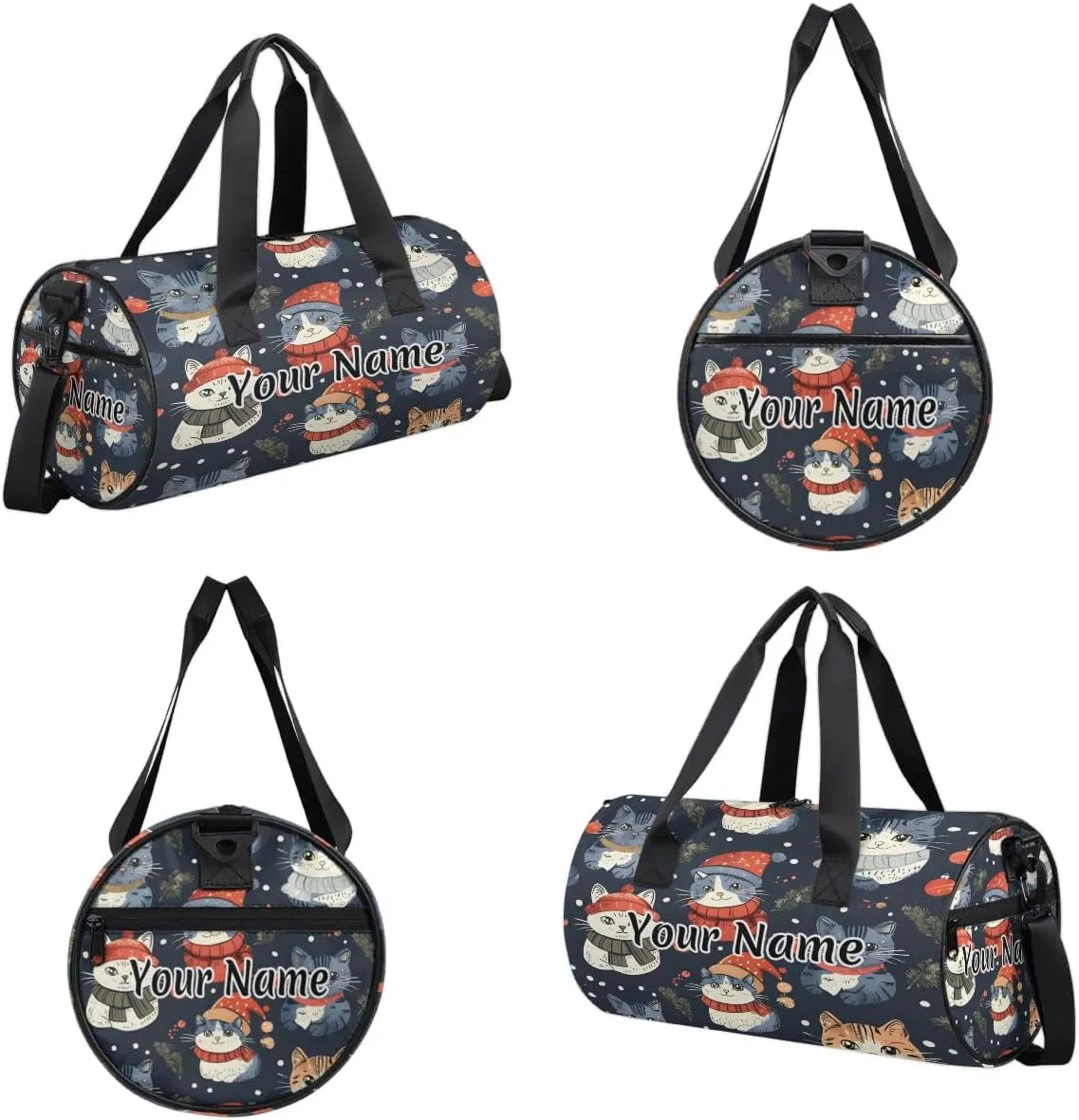 Personalized Duffel Bag for Women, Custom Woodland Holly Christmas Holiday Gym Bag for Sports, Waterproof Dance Bag with Name, Lightweight Carryon Gym Bag, Cute Cat