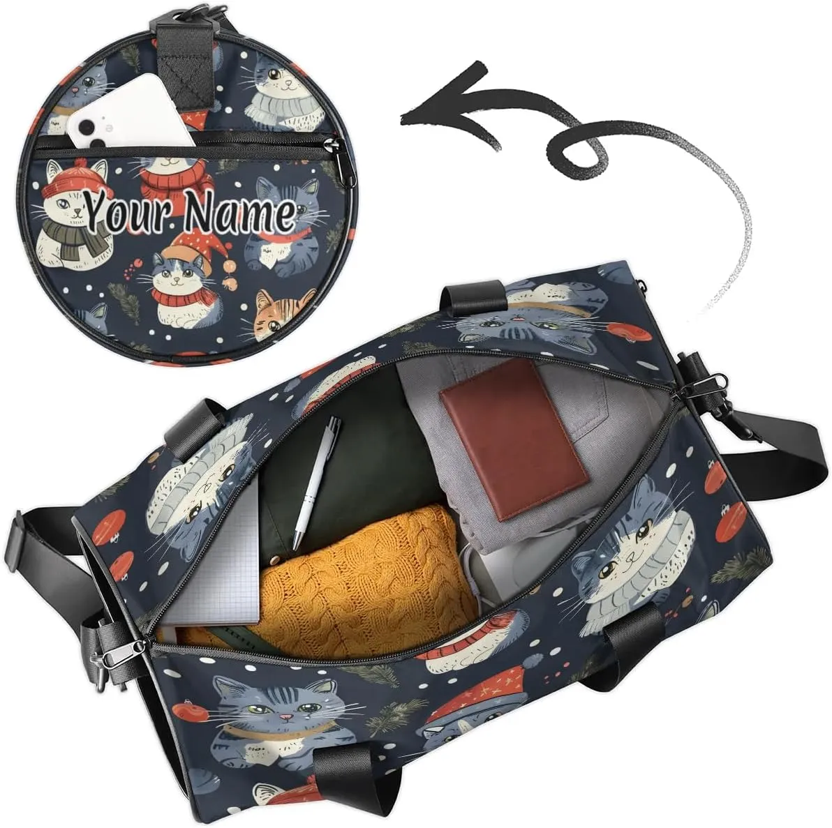 Personalized Duffel Bag for Women, Custom Woodland Holly Christmas Holiday Gym Bag for Sports, Waterproof Dance Bag with Name, Lightweight Carryon Gym Bag, Cute Cat