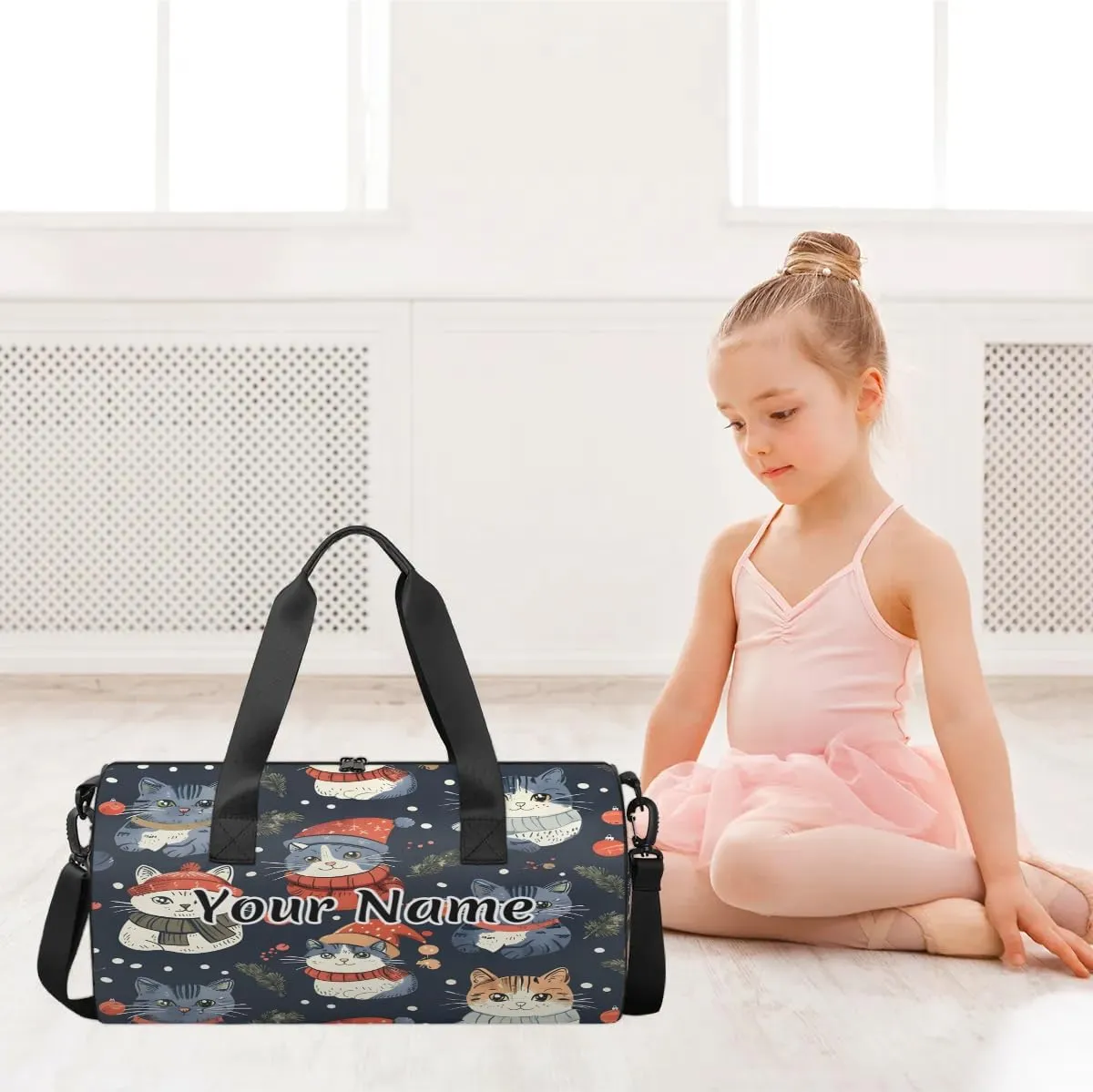 Personalized Duffel Bag for Women, Custom Woodland Holly Christmas Holiday Gym Bag for Sports, Waterproof Dance Bag with Name, Lightweight Carryon Gym Bag, Cute Cat