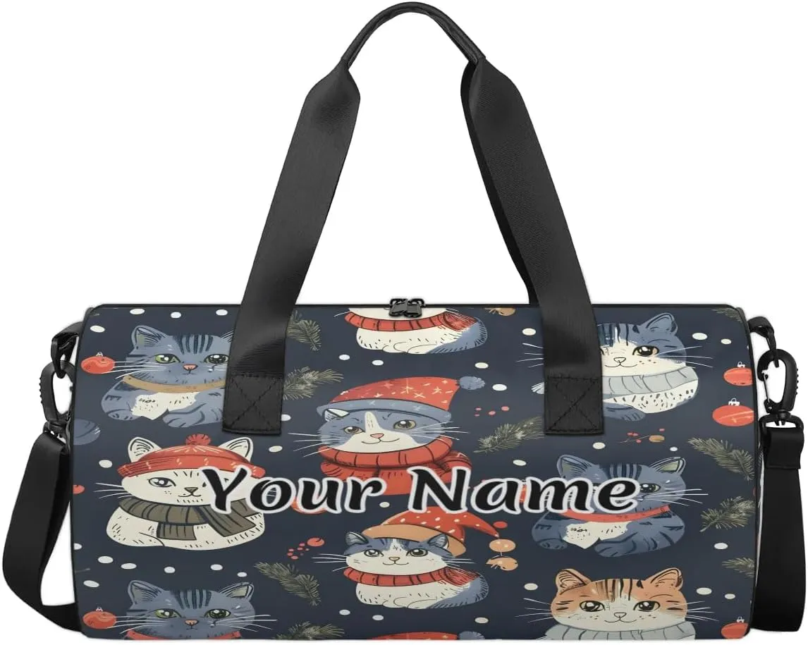 Personalized Duffel Bag for Women, Custom Woodland Holly Christmas Holiday Gym Bag for Sports, Waterproof Dance Bag with Name, Lightweight Carryon Gym Bag, Cute Cat