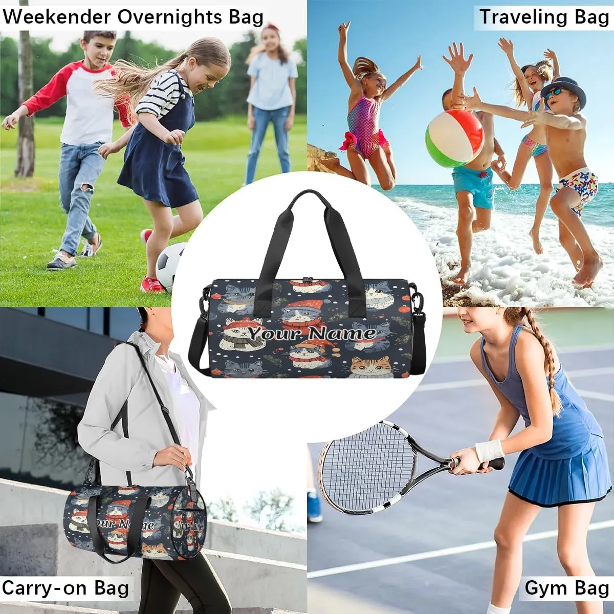 Personalized Duffel Bag for Women, Custom Woodland Holly Christmas Holiday Gym Bag for Sports, Waterproof Dance Bag with Name, Lightweight Carryon Gym Bag, Cute Cat