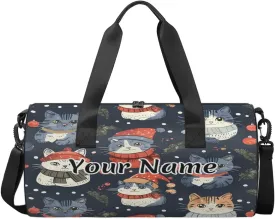 Personalized Duffel Bag for Women, Custom Woodland Holly Christmas Holiday Gym Bag for Sports, Waterproof Dance Bag with Name, Lightweight Carryon Gym Bag, Cute Cat