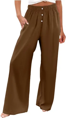 PTOLOCIF Cotton Linen Pants for Women High Waisted Wide Leg Palazzo Pant Drawstring Casual Loose Pants Trousers with Pockets