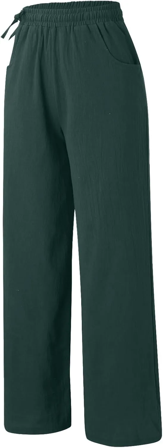 PTOLOCIF Womens Casual Linen Pants High Waisted Long Palazzo Pants Wide Leg Cotton Linen Lounge Pant Trousers with Pockets