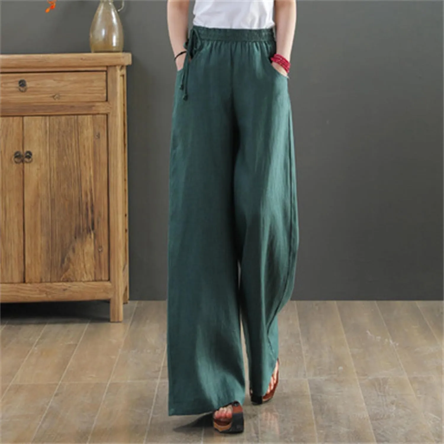 PTOLOCIF Womens Casual Linen Pants High Waisted Long Palazzo Pants Wide Leg Cotton Linen Lounge Pant Trousers with Pockets