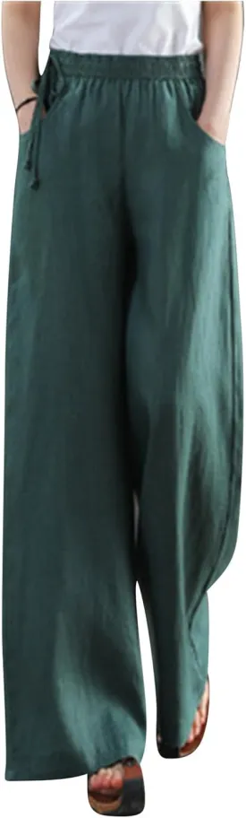 PTOLOCIF Womens Casual Linen Pants High Waisted Long Palazzo Pants Wide Leg Cotton Linen Lounge Pant Trousers with Pockets