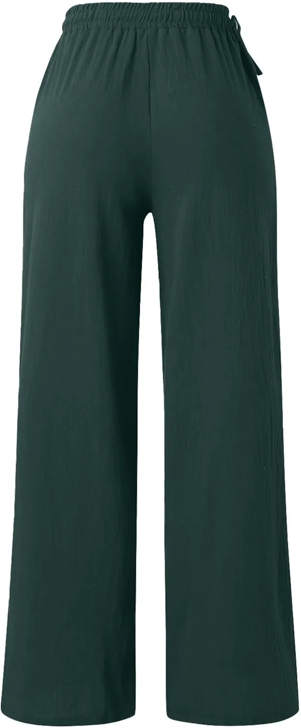 PTOLOCIF Womens Casual Linen Pants High Waisted Long Palazzo Pants Wide Leg Cotton Linen Lounge Pant Trousers with Pockets