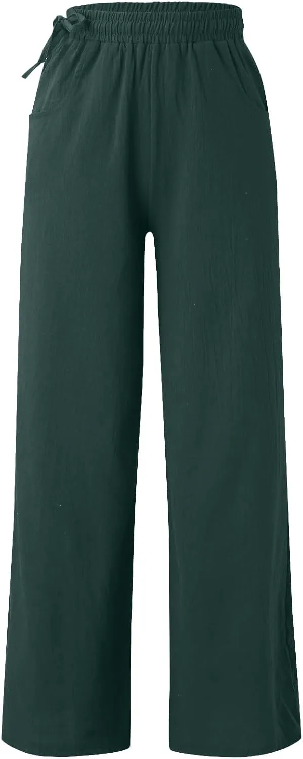 PTOLOCIF Womens Casual Linen Pants High Waisted Long Palazzo Pants Wide Leg Cotton Linen Lounge Pant Trousers with Pockets