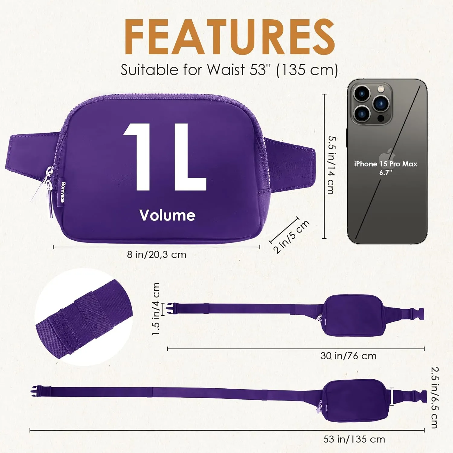 Purple Fanny Pack for Women with Extender Strap 53", 2-Way Zipper Everywhere Belt Bag 1L, Fashion Waist Bag for Mothers Day Gifts, Crossbody Bag for Travel Gym Running Hiking Cycling