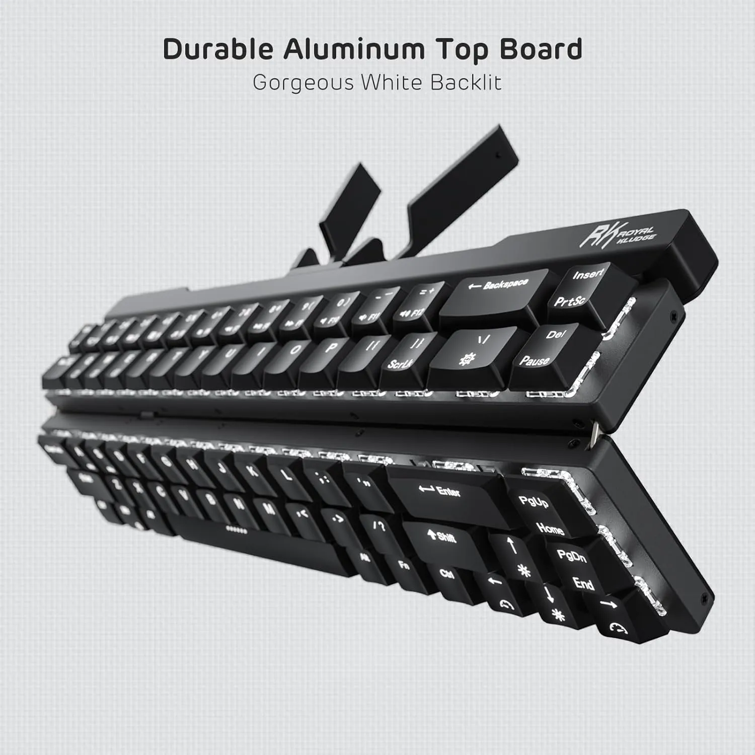 RK ROYAL KLUDGE F68 60% Foldable Low Profile Mechanical Keyboard, Wireless Mechanical Keyboard with Aluminum Body, Built-in Stand Holder, White Backlit, 68 Keys, Tactile Brown Switch
