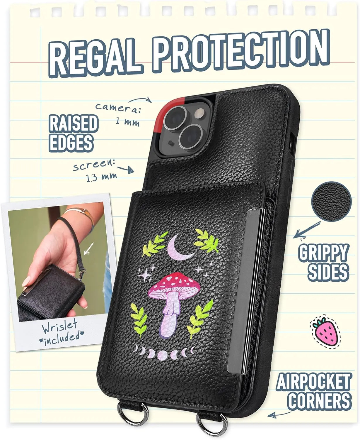 Smartish iPhone 14 Plus Crossbody Wallet Case - Dancing Queen [Purse/Clutch with Detachable Strap & Wristlet] Protective Cover with Credit Card Holder - Moons Out Shrooms Out