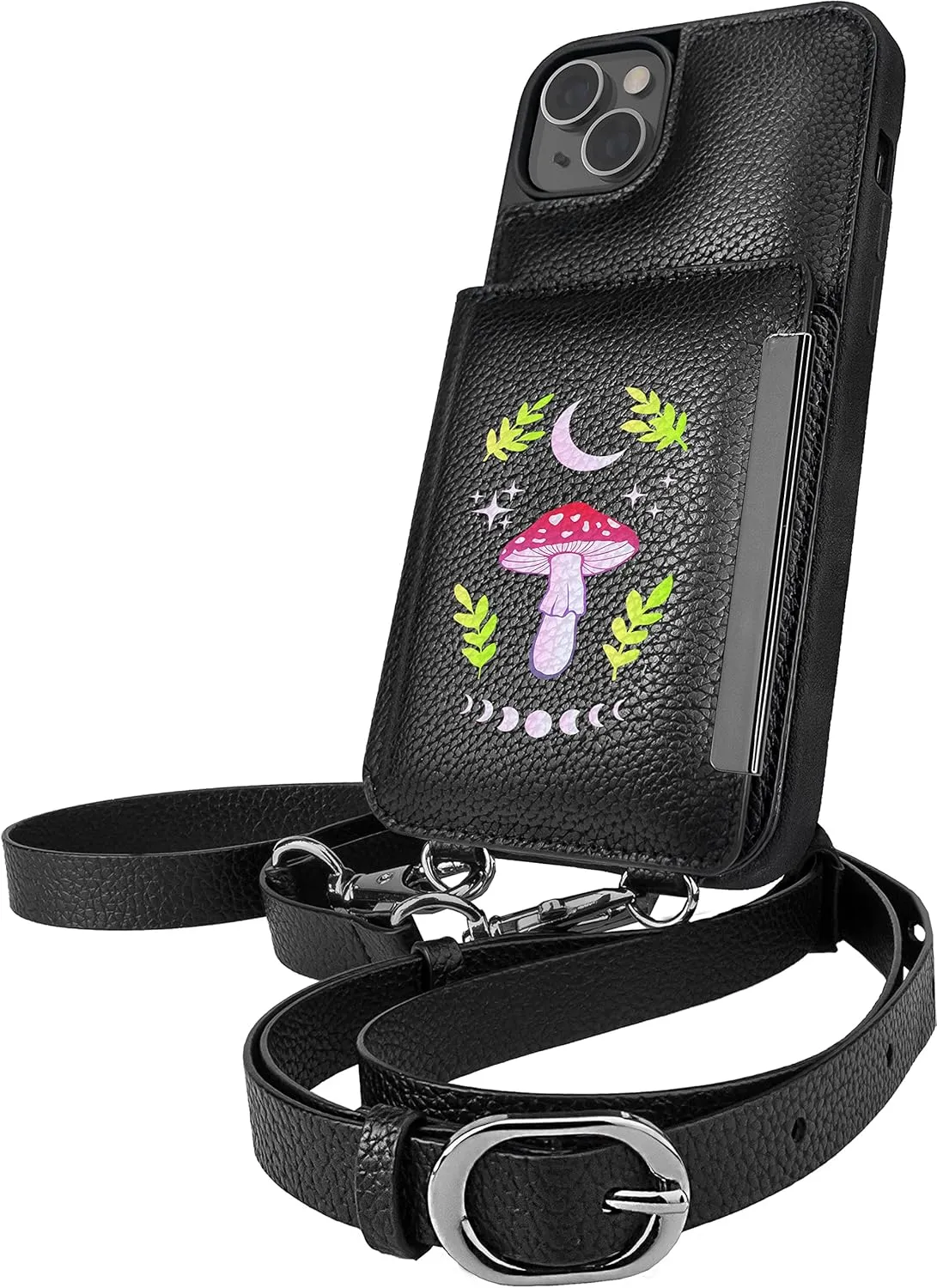 Smartish iPhone 14 Plus Crossbody Wallet Case - Dancing Queen [Purse/Clutch with Detachable Strap & Wristlet] Protective Cover with Credit Card Holder - Moons Out Shrooms Out