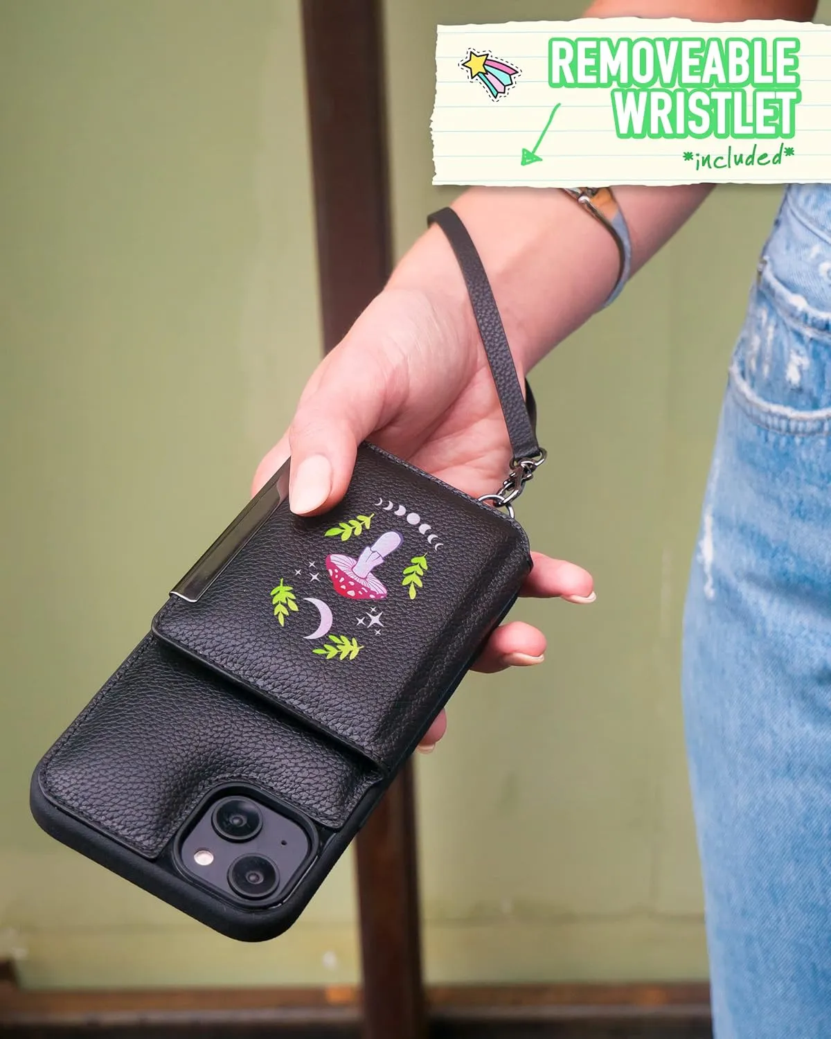 Smartish iPhone 14 Plus Crossbody Wallet Case - Dancing Queen [Purse/Clutch with Detachable Strap & Wristlet] Protective Cover with Credit Card Holder - Moons Out Shrooms Out