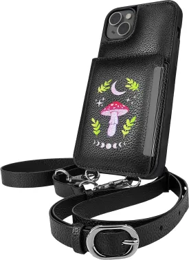 Smartish iPhone 14 Plus Crossbody Wallet Case - Dancing Queen [Purse/Clutch with Detachable Strap & Wristlet] Protective Cover with Credit Card Holder - Moons Out Shrooms Out
