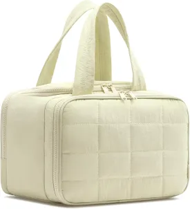 Travel Toiletry Bag, Puffy Wide-open Quilted Makeup Bag for Women,Lightweight Cosmetic Travel Bag Organizer with Handle for Traveling, Accessories, Essentials Toiletries Beige