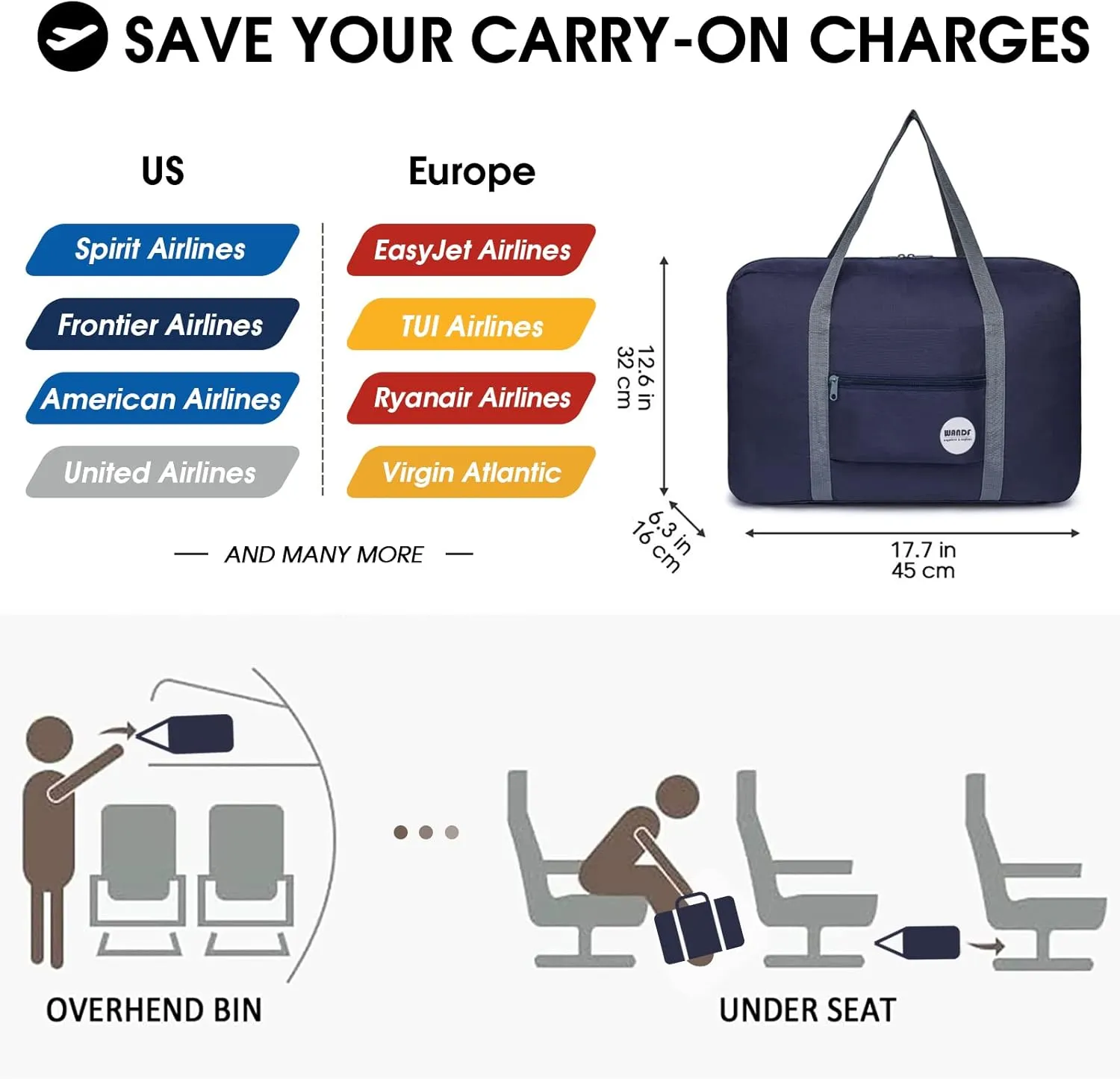 WANDF For Spirit Airlines Personal Item Bag 18x14x8 Travel Duffel Bag Underseat Foldable Carry-on Luggage for Women