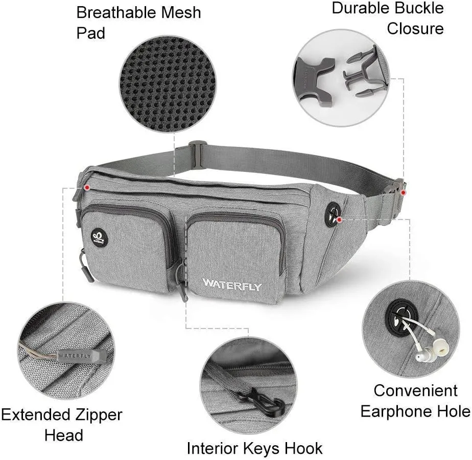WATERFLY Fanny Pack Waist Bag: Travel Hip Pouch Bum Bag Plus Size Crossbody Fannie Pack Adjustable Belt Waistpack Phanny Fannypack for Man Woman Hiking Walking Jogging