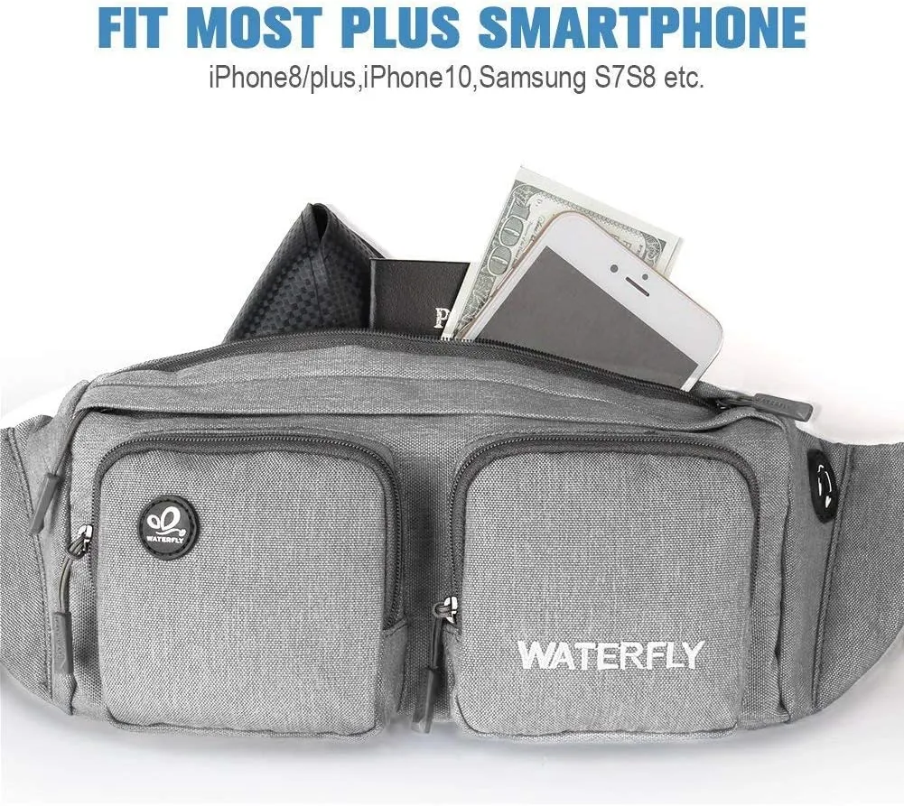 WATERFLY Fanny Pack Waist Bag: Travel Hip Pouch Bum Bag Plus Size Crossbody Fannie Pack Adjustable Belt Waistpack Phanny Fannypack for Man Woman Hiking Walking Jogging