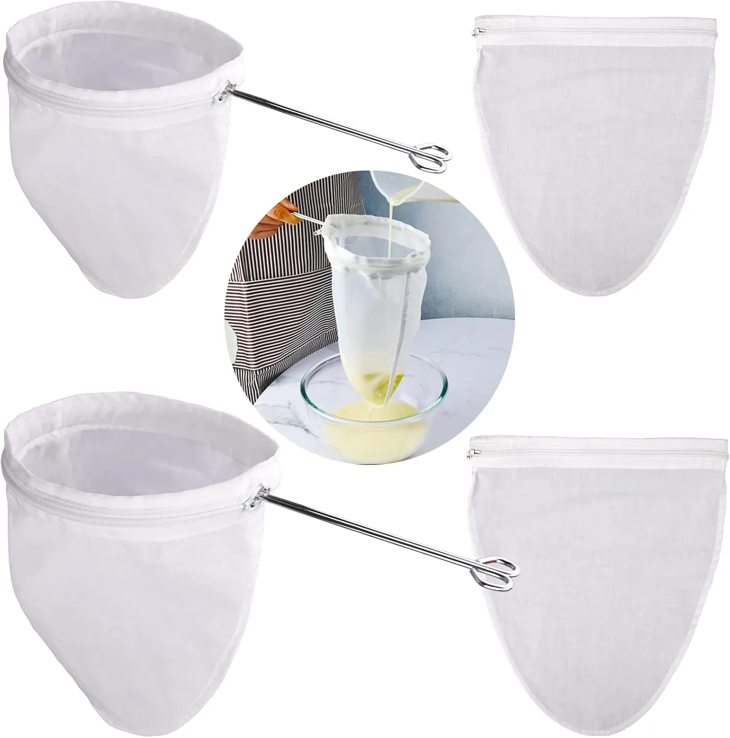 WMKGG Ultra Fine Mesh Strainer Bags, Reusable Mesh Filter Bags with Stainless Steel Handle Frame for Filter NutMilk, Coffee, Milk, Butter, Juices and Fresh Cheese (Large   Small)