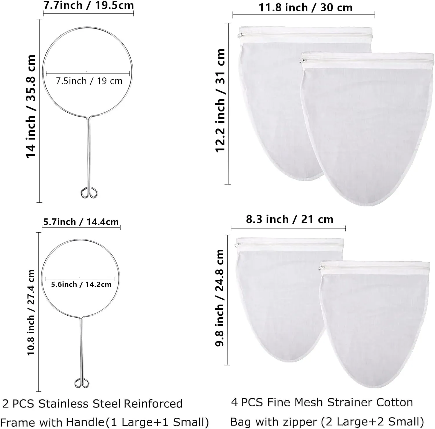 WMKGG Ultra Fine Mesh Strainer Bags, Reusable Mesh Filter Bags with Stainless Steel Handle Frame for Filter NutMilk, Coffee, Milk, Butter, Juices and Fresh Cheese (Large   Small)
